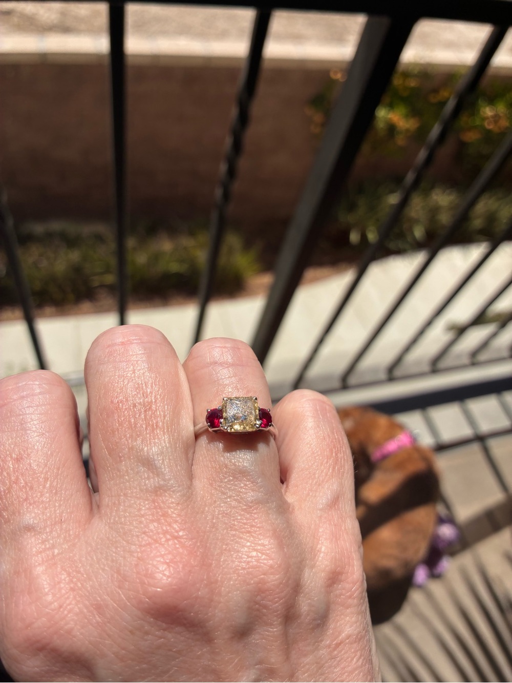 Vintage 14k white gold three stones ring center natural yellow diamond radiant